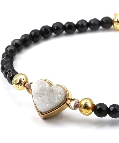 Womens Girls 4mm Beads Chakra Healing Crystal Bracelet Gold Lava Rock Stone Adjustable Bracelets With Heart Shape Druzy Charm...