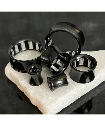 PAIR of Black Ion Plated Steel Saddle Tunnels with Inner Square Clear & Black Gems Double Flare Plugs Gauges 00g (10mm) $10.9...