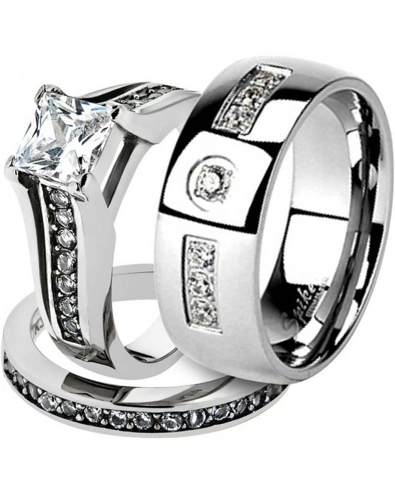 His and Her Stainless Steel 2.10 Carat Cubic Zirconia Bridal Ring Set and Men's Wedding Band Women's Size 09 Men's Size 10 $1...