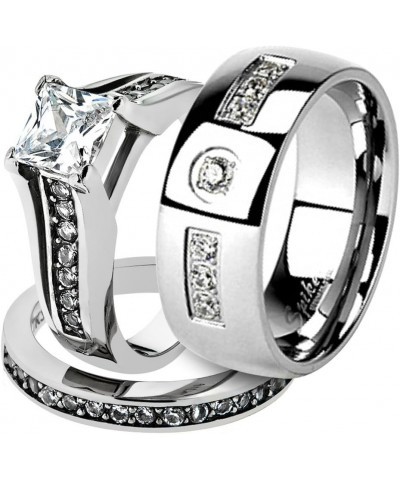 His and Her Stainless Steel 2.10 Carat Cubic Zirconia Bridal Ring Set and Men's Wedding Band Women's Size 09 Men's Size 10 $1...