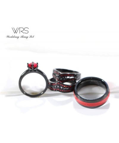 Two Rings His Hers Wedding Ring Sets Couples Matching Rings Women's 2pc Black Gold Plated Red CZ Wedding Engagement Ring Brid...