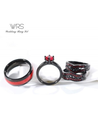 Two Rings His Hers Wedding Ring Sets Couples Matching Rings Women's 2pc Black Gold Plated Red CZ Wedding Engagement Ring Brid...