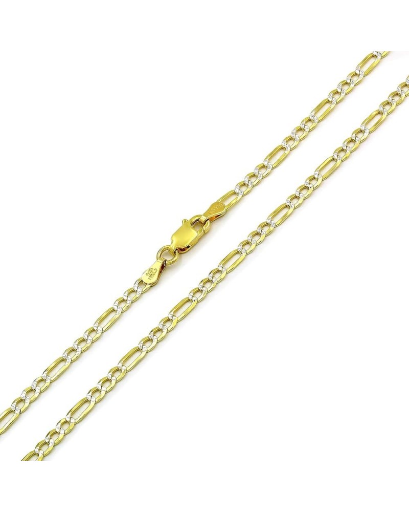 925 Italian Sterling Silver 3mm - 10.5mm Solid Figaro Diamond Cut Chain, ITProLux Yellow Gold Plated Pave Link Necklace or Br...