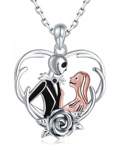 925-Sterling-Silver Nightmare Necklace Gifts for Women - Jack And Sally Skull Rose Flower Heart Pendant Skellington Jewelry N...