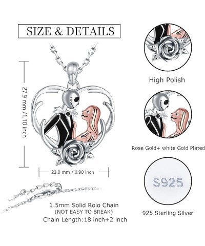 925-Sterling-Silver Nightmare Necklace Gifts for Women - Jack And Sally Skull Rose Flower Heart Pendant Skellington Jewelry N...