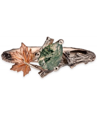 Moss Agate Ring for Women Sterling Silver 10k/14k/18k Custom Emerald Green Stone Agate Ring Leaf Wedding Ring Moss Agate Jewe...