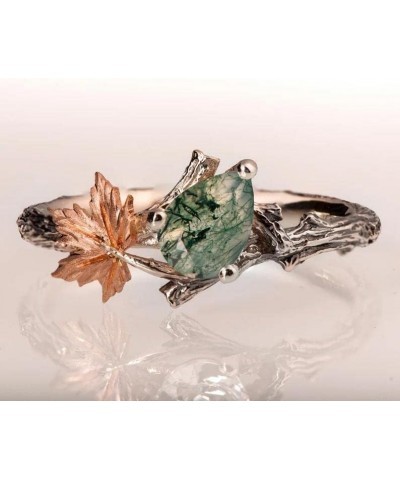 Moss Agate Ring for Women Sterling Silver 10k/14k/18k Custom Emerald Green Stone Agate Ring Leaf Wedding Ring Moss Agate Jewe...