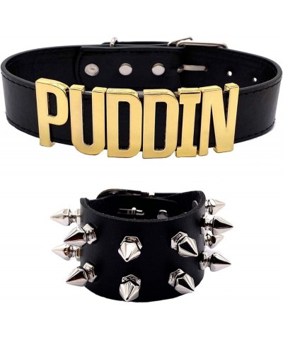 Puddin Necklace and Rivets bracelet Leather Choker Necklace Cosplay Choker Letter Collor Cosplay Accessory for Women and Girl...