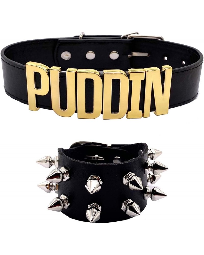 Puddin Necklace and Rivets bracelet Leather Choker Necklace Cosplay Choker Letter Collor Cosplay Accessory for Women and Girl...