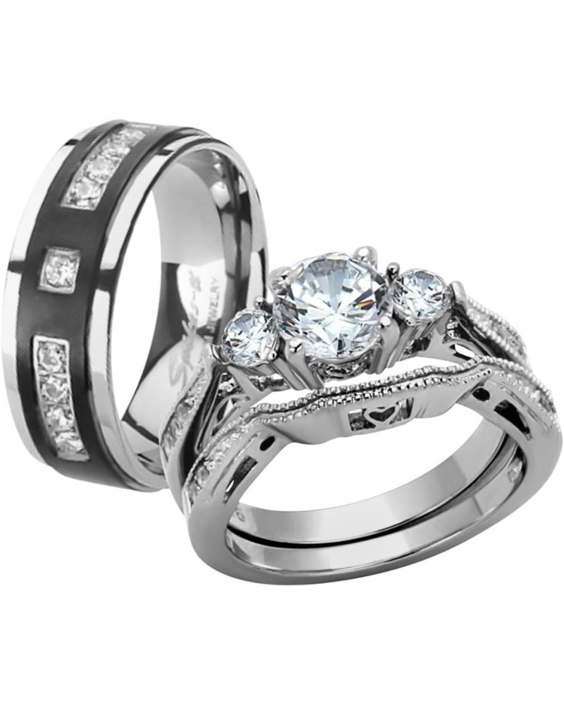 Her and His Stainless Steel Wedding and Engagement Ring and Titanium Wedding Band Set Women's Size 08 Men's Size 06 $20.50 Sets