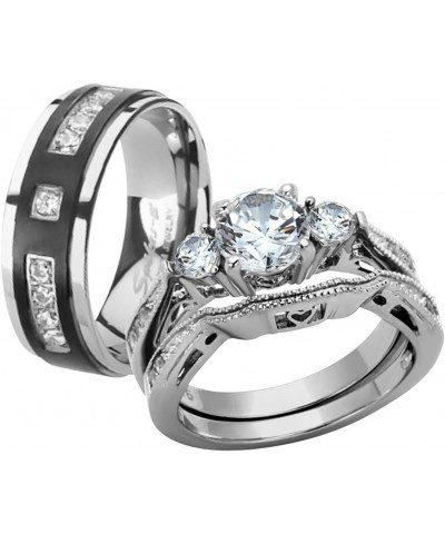 Her and His Stainless Steel Wedding and Engagement Ring and Titanium Wedding Band Set Women's Size 08 Men's Size 06 $20.50 Sets