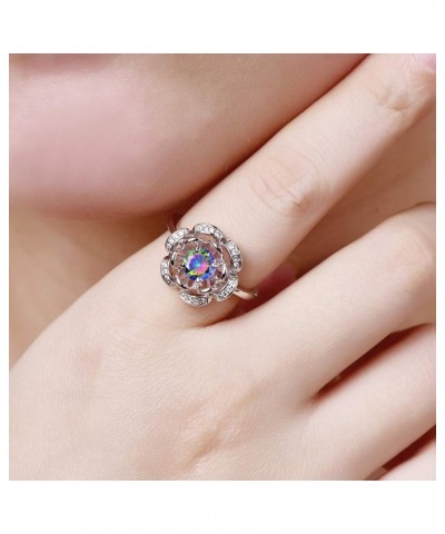 925 Silver Plated Cubic Zirconia Round & Oval Cut Filled Red & Sapphire Quartz Rose Flower Beauty Engagement Ring for Women U...