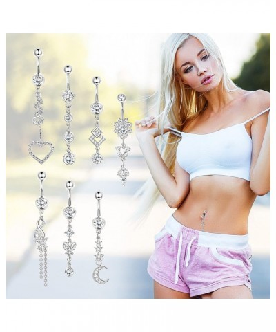 7Pcs 14g Belly Button Rings Dangle 316L Surgical Steel CZ Navel Ring Barbell for Women Body Piercing Jewelry Silver/Gold/Rose...