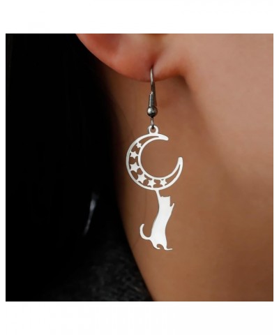 Cat and Moon Earrings for Women Star Moon Cat Dangle Drop Earrings Kitty Eardrop Stainless Steel Jewelry Gifts for Birthday A...