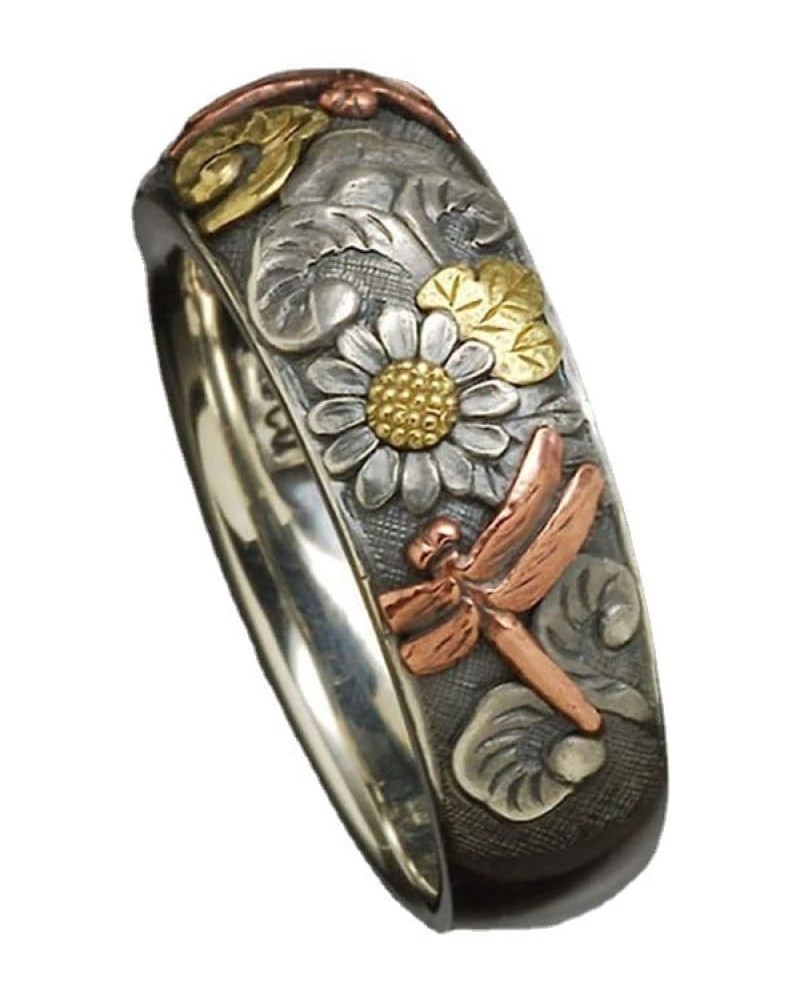 Vintage Boho Sunflower Rings Engagement Party Ring Jewelry Silver and Rose Gold Color Carved Dragonfly Ring Unique Metal Enam...