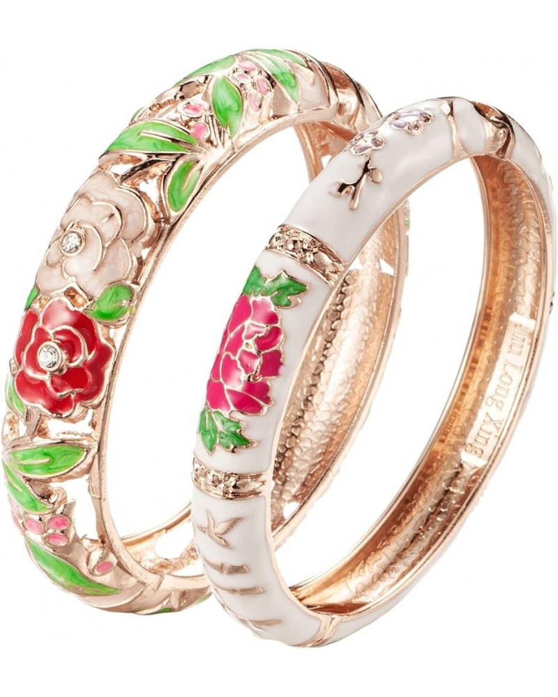 Vintage Cloisonne Jewelry Handcrafted Bracelets Gorgeous Enameled Flower Gold Plated Cuff Bangles Gifts 88A A10-2 Pcs Set-Gre...