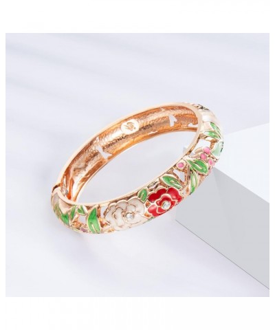 Vintage Cloisonne Jewelry Handcrafted Bracelets Gorgeous Enameled Flower Gold Plated Cuff Bangles Gifts 88A A10-2 Pcs Set-Gre...