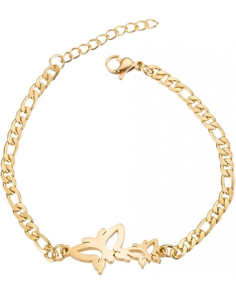 Stainless Steel Butterfly Charm Figaro Chain Adjustable Size Strand Bracelet Gold $7.66 Bracelets