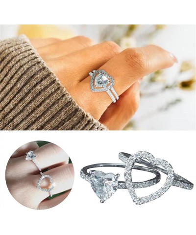 2pcs Heart Shape Full Diamond Ring Set, Exquisite Luxury Silver Stackable Ring Diamond Microinlaid Engagement Wedding Jewelry...