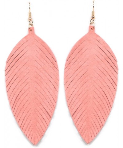 Large Genuine Soft Leather Handmade Fringe Feather Lightweight Tear Drop Dangle Color Earrings for Women Girls Fashion Pink2 ...