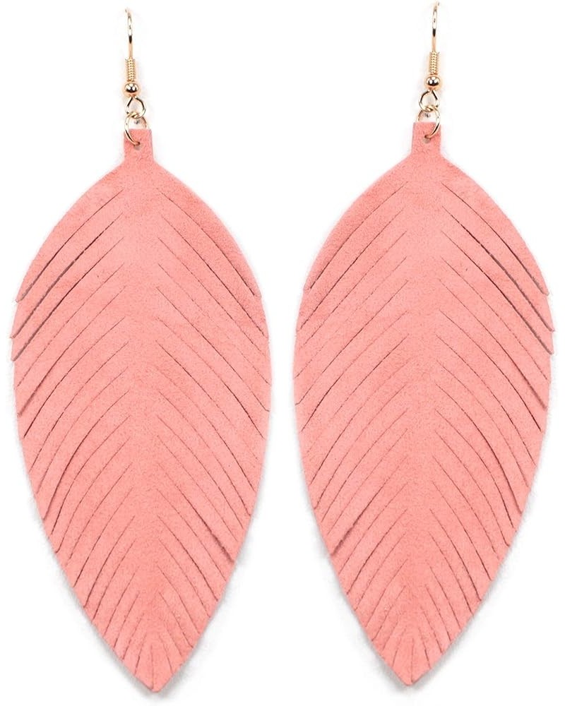 Large Genuine Soft Leather Handmade Fringe Feather Lightweight Tear Drop Dangle Color Earrings for Women Girls Fashion Pink2 ...