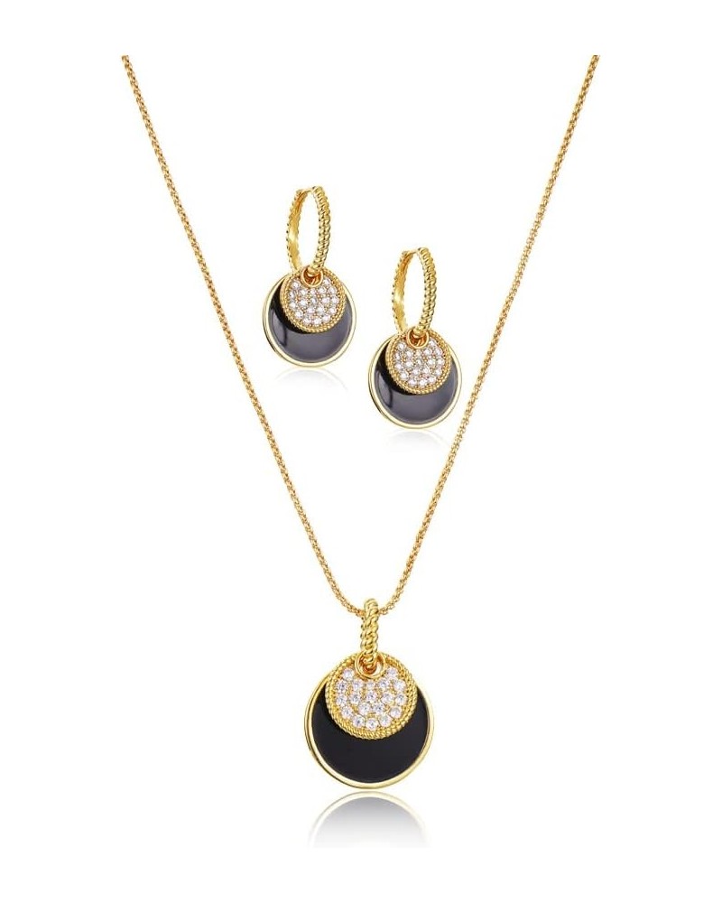 Gold And Black Jewelry Sets For Women CZ Stone Black Epoxy Round Disc Pendant Necklace And Hoop Earrings Gold Jewelry Set $9....