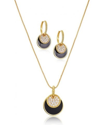 Gold And Black Jewelry Sets For Women CZ Stone Black Epoxy Round Disc Pendant Necklace And Hoop Earrings Gold Jewelry Set $9....