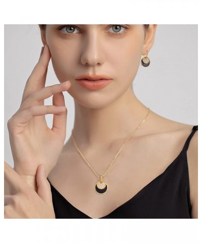 Gold And Black Jewelry Sets For Women CZ Stone Black Epoxy Round Disc Pendant Necklace And Hoop Earrings Gold Jewelry Set $9....