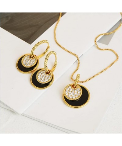 Gold And Black Jewelry Sets For Women CZ Stone Black Epoxy Round Disc Pendant Necklace And Hoop Earrings Gold Jewelry Set $9....