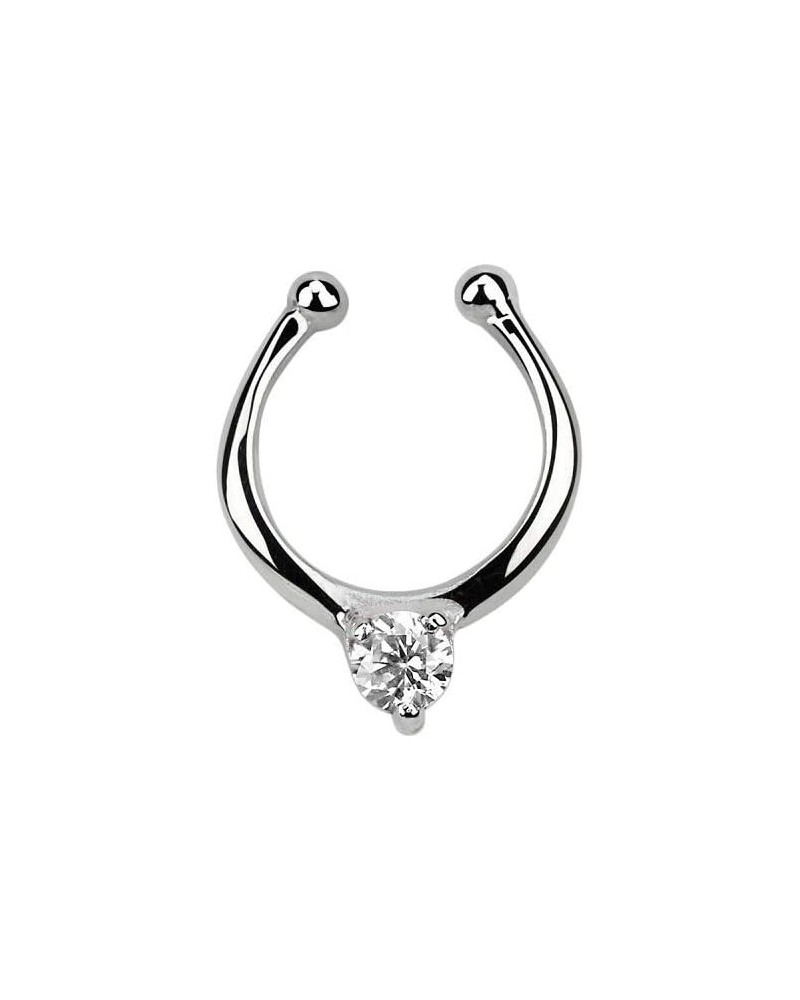 18G Sterling Silver CZ Crystal Center Clip On Non-Piercing Septum Ring Clear $10.65 Body Jewelry