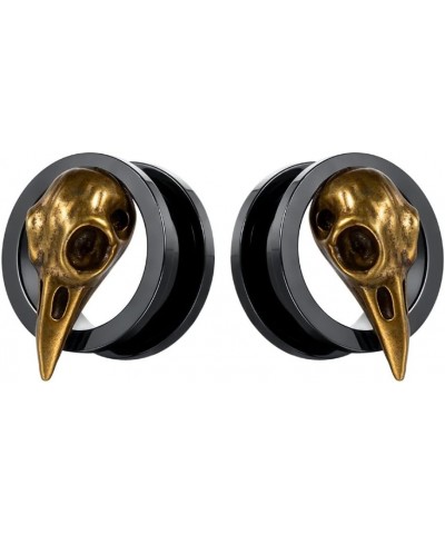 SoScene raven skull screw back plugs ear gauges stainless steel black and gold 22mm-7/8 inch $9.85 Body Jewelry