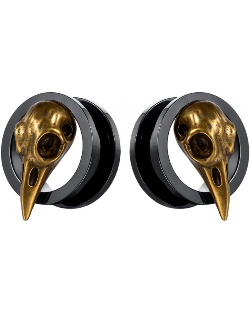 SoScene raven skull screw back plugs ear gauges stainless steel black and gold 22mm-7/8 inch $9.85 Body Jewelry