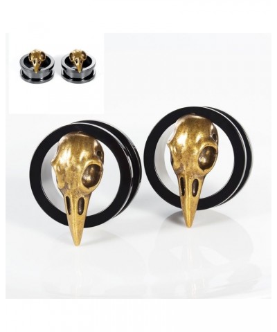 SoScene raven skull screw back plugs ear gauges stainless steel black and gold 22mm-7/8 inch $9.85 Body Jewelry