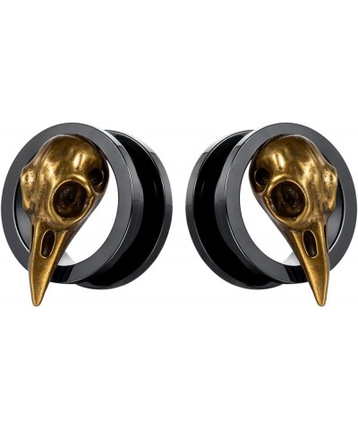 SoScene raven skull screw back plugs ear gauges stainless steel black and gold 22mm-7/8 inch $9.85 Body Jewelry