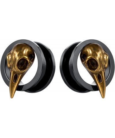 SoScene raven skull screw back plugs ear gauges stainless steel black and gold 22mm-7/8 inch $9.85 Body Jewelry