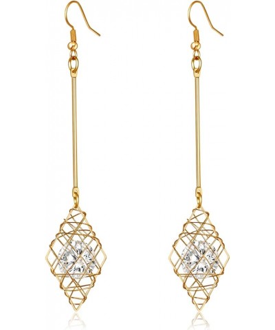 Wire Wrapped Crystal Stone Geometric Dangle Drop Earrings for Charm Women And Girl Gift Rhombus $8.63 Earrings