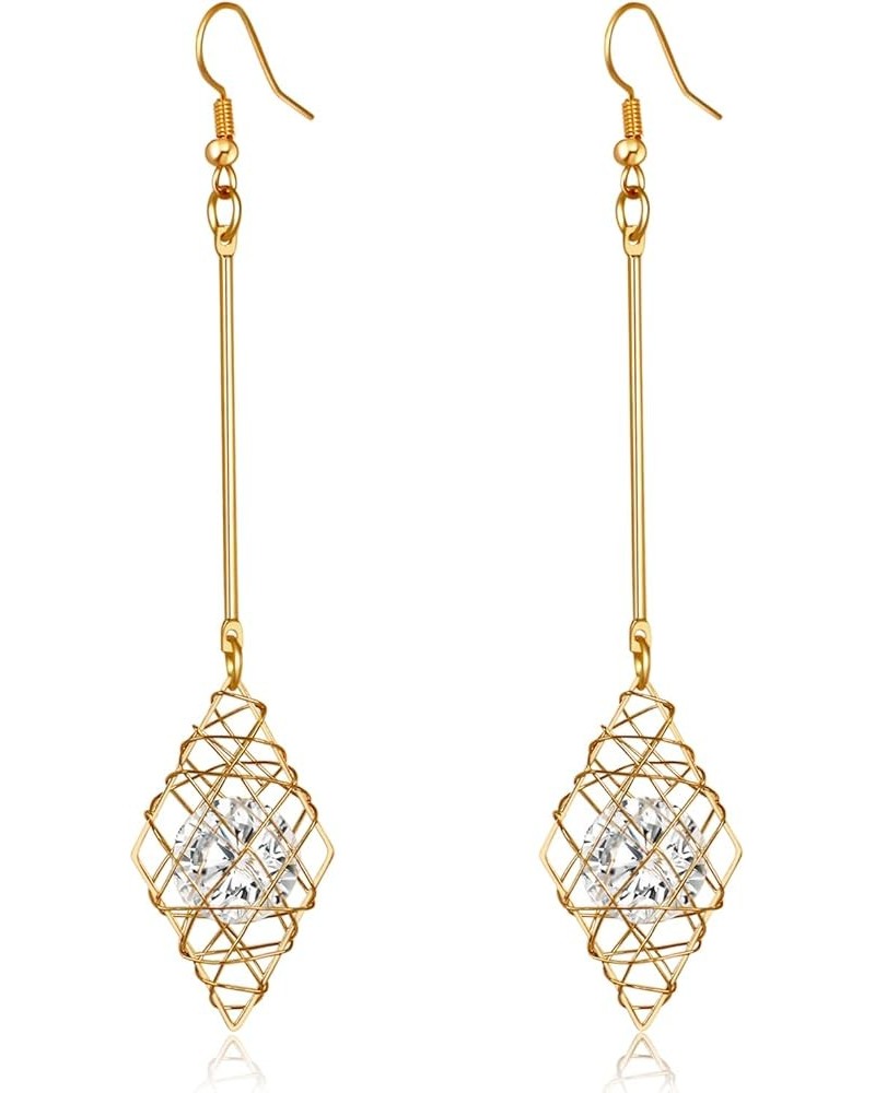 Wire Wrapped Crystal Stone Geometric Dangle Drop Earrings for Charm Women And Girl Gift Rhombus $8.63 Earrings