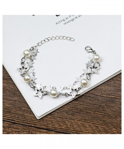 2Pcs Set Y2K Star Pearl Beaded Chain Adjustable Aesthetic Bracelet Bracelet Chain Grunge Gift for Women Girl Jewelry Gifts Pu...