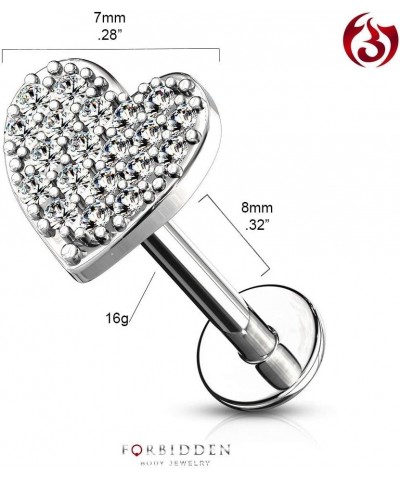 16g 6-8mm Internally Threaded Surgical Steel Cartilage/Tragus/Labret/Monroe Piercing Stud w/CZ Heart Top 8.0 Millimeters Rhod...