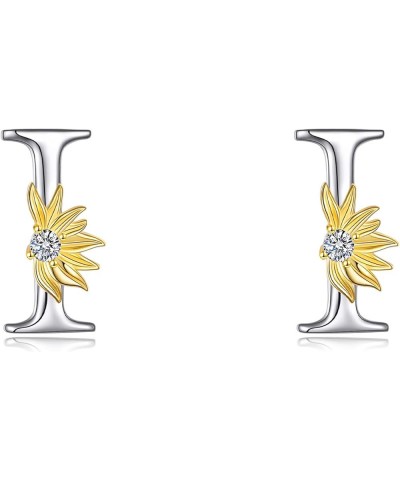 Sterling Silver Initial Alphabet Letter Script Name Earrings Sunflower Initial Studs for Women Girls Initial I $18.14 Earrings