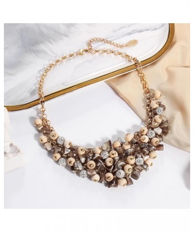 Statement Wood Crystal Cluster Beaded Necklace Multi Row Pendant Collar Chain Women Jewelry Beige $8.64 Necklaces