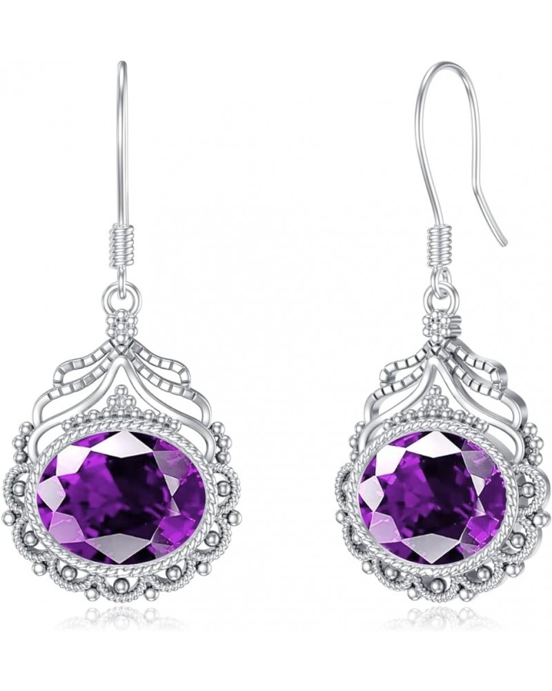 Gemstone Filigre Earrings 925 Sterling Silver 7x9mm Oval Cut Birthstone Fish Hook Dangle Earrings for Women Amethyst $36.40 E...