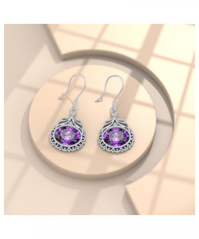 Gemstone Filigre Earrings 925 Sterling Silver 7x9mm Oval Cut Birthstone Fish Hook Dangle Earrings for Women Amethyst $36.40 E...