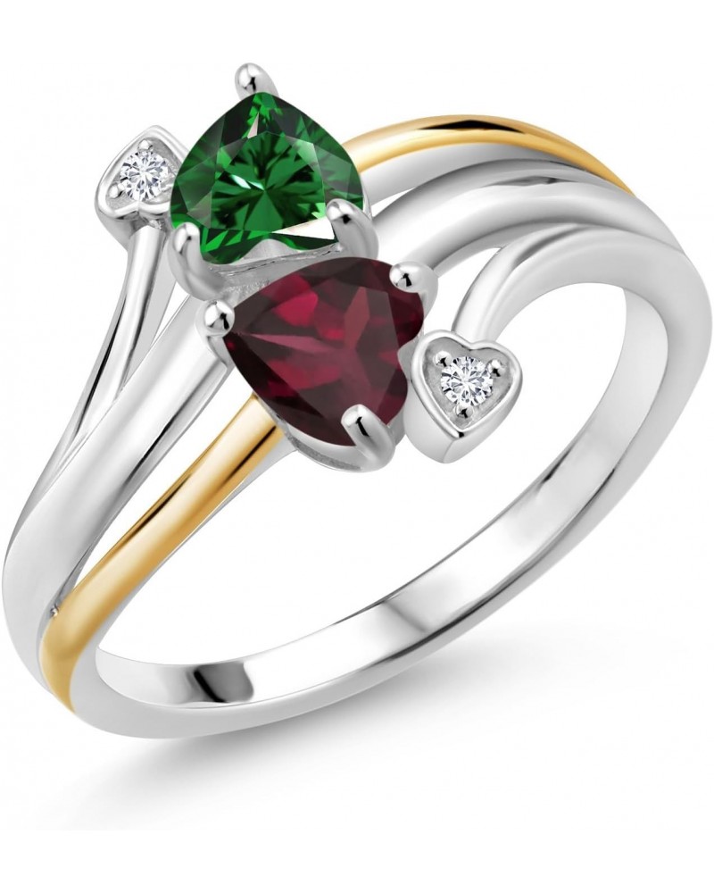 925 Silver and 10K Yellow Gold Green Nano Emerald Red Rhodolite Garnet 2 Heart Promise Couple Engagement Mother Lab Grown Dia...