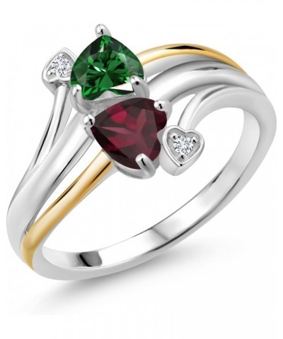 925 Silver and 10K Yellow Gold Green Nano Emerald Red Rhodolite Garnet 2 Heart Promise Couple Engagement Mother Lab Grown Dia...