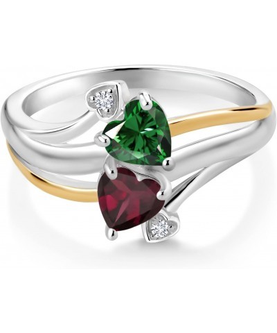 925 Silver and 10K Yellow Gold Green Nano Emerald Red Rhodolite Garnet 2 Heart Promise Couple Engagement Mother Lab Grown Dia...