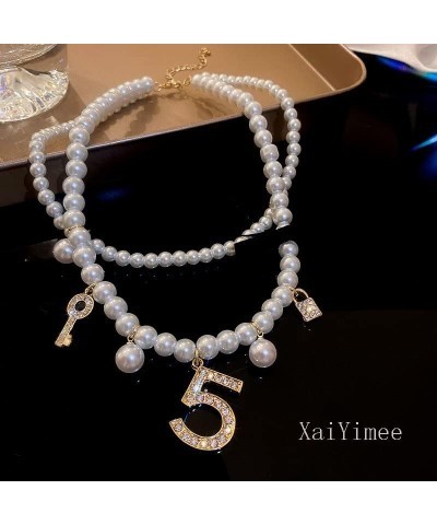 Dainty Simulated Pearls Choker Layered Pearl Necklace Rhinestone Number 5 Dangle Necklace for Women Party Jewelry Gifts $8.79...