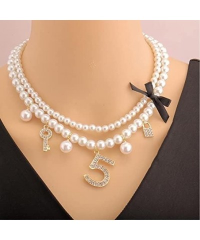 Dainty Simulated Pearls Choker Layered Pearl Necklace Rhinestone Number 5 Dangle Necklace for Women Party Jewelry Gifts $8.79...