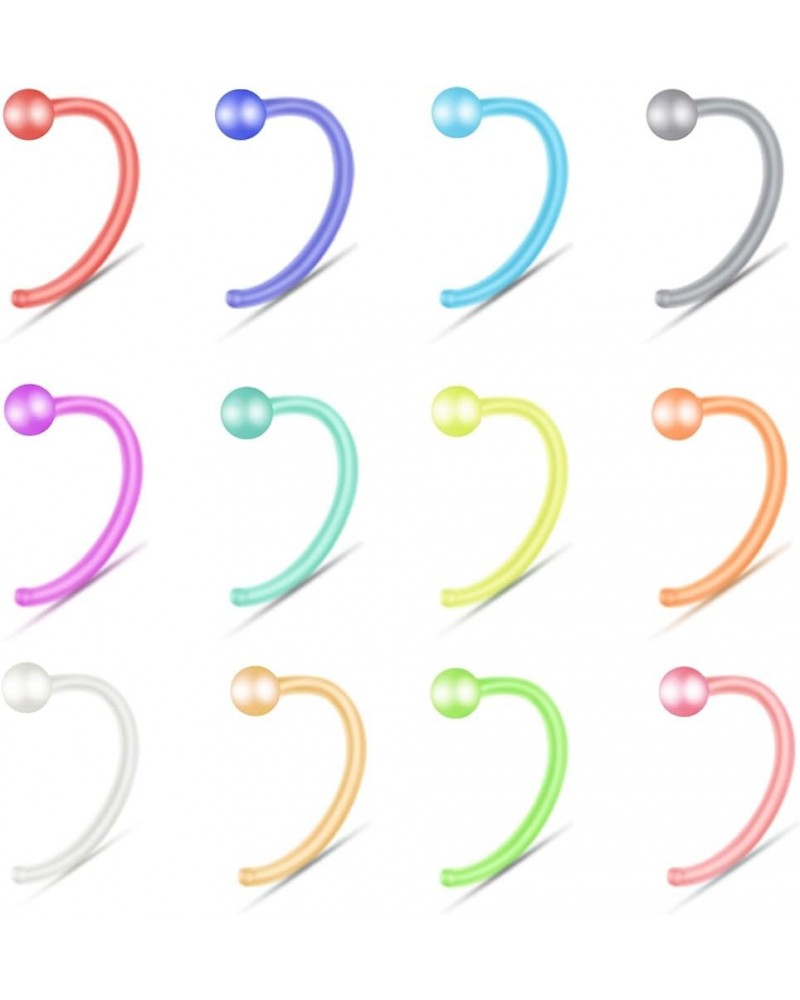 12pcs 20G Colorful Bioflex Flexible Nose Retainer Rings, Bioplastic Bendable Clear Nose Studs Nostril Piercing Jewelry for Wo...