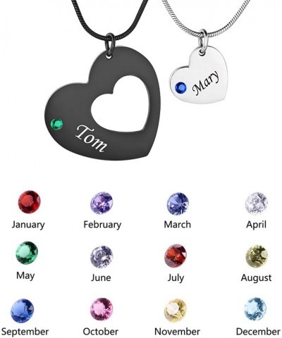 Stainless Steel Personalized Key Heart Puzzle Necklace Set with Birthstones - Custom Made with Any Name Double Hearts-Black+S...